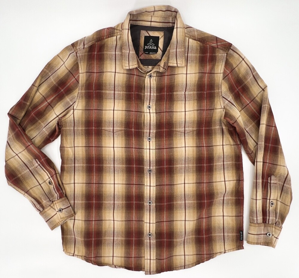Prana Shirt mens Medium Brown Plaid Long Sleeve Button Up Casual Western